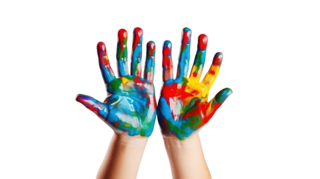 Child artist shows the paint on your hands after drawing. Isolated on a clear background.