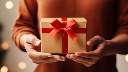Asian son gives gift box for holidays at home