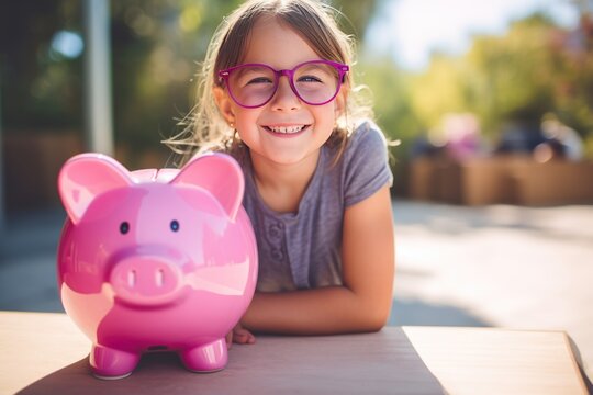 Child saves money with a pink piggy bank