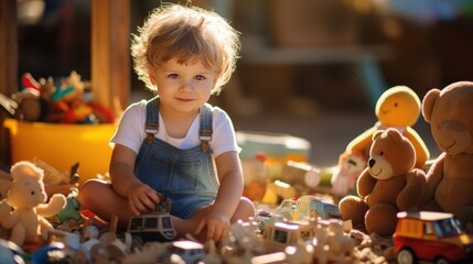 Fototapeta premium Cute little child playing with toys
