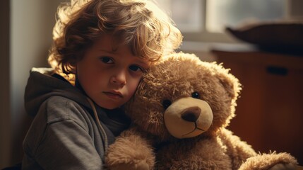 Depressed child hugs with teddy bear