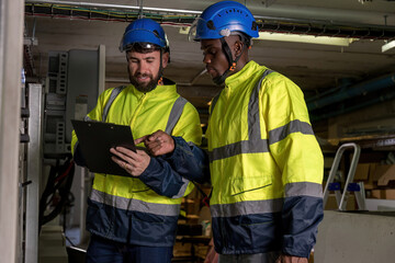 Electrical engineer working in control room. Electrical engineer man checking Power Distribution Cabinet in the control room
