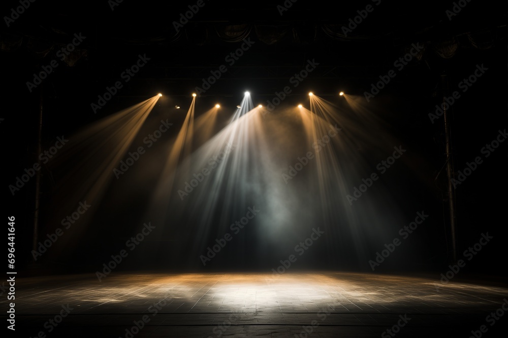 Poster an empty stage with three spotlights on it