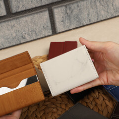 Colored leather business card holder, Genuine leather business card holder, concept shot, top view,...