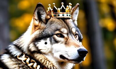 Portrait of a beautiful wolf with a golden crown on his head.