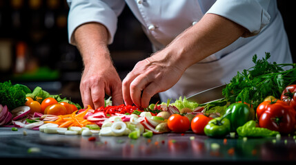 Obraz na płótnie Canvas Close-up hands of Chef preparing a dish of fresh vegetables, a rich assortment of tomatoes, peppers, celery greens and chopping products. Horizontal banner for cafe, restaurant.Culinary art.Copy space