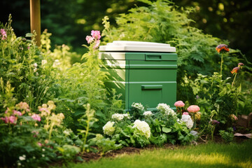 Fototapeta na wymiar Composting bin compost bin placed in garden, surrounding flowers and plants outdoors. Composting bin to recycle home and garden wastes. Zero waste, sustainable lifestyle