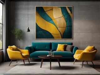 Loft home interior design of modern living room. Dark turquoise tufted sofa with virant yellow pillows