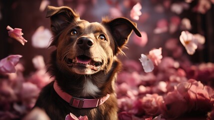 cute dog smiling in front of roses and pink hearts.