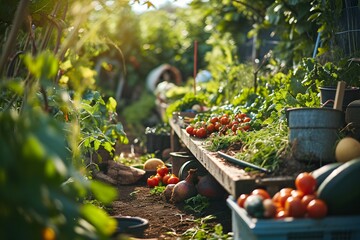 A beautiful green allotment garden in the summer that's growing vegetables to eat and sell. 