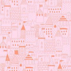 Pink princess castle seamless pattern. Vector medieval towers silhouette repeat background for baby girls.
