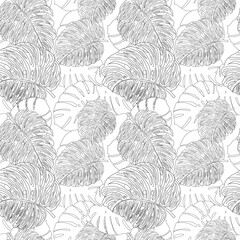Black and white seamless pattern of monstera leaves on a white background.