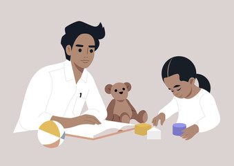 Family moment, a parent reading a book aloud while the child enjoys playing with building blocks