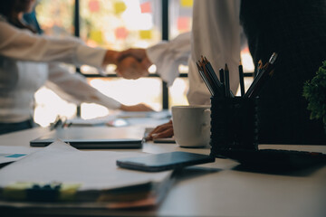 Meeting and greeting concept, Two confident Business handshake and business people after discussing...