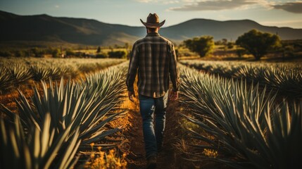 Man in cowboy hat inspects agave plant - obrazy, fototapety, plakaty