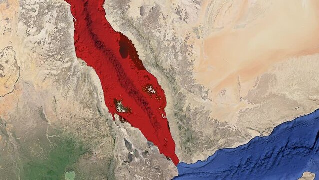 No Text animated satellite map of the Red Sea highlighted in red. Mandab Strait and Suez Canal visible. The region is experiencing political events related to the war in Gaza, Yemen Houthis, an Israel