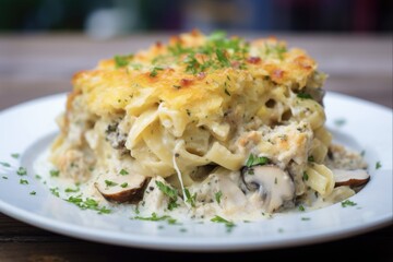 Close-up of Homemade Turkey Tetrazzini on White Plate. Delicious Pasta Dish for Lunch or Dinner Prepared in Kitchen