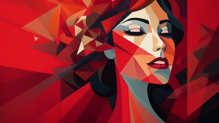 face of a woman in cubist style on red background - obrazy, fototapety, plakaty