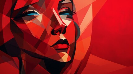 face of a woman in cubist style on red background - obrazy, fototapety, plakaty