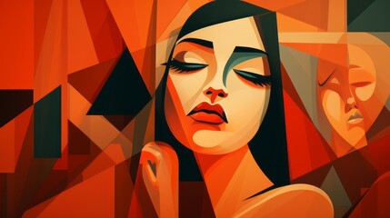 face of a woman in cubist style on orange background - obrazy, fototapety, plakaty