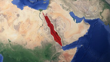 No text map of the Red Sea highlighted in red, with the Mandab Strait and Suez Canal visible. The region is currently experiencing political events related to the Gaza War, Houthis, Israel - obrazy, fototapety, plakaty