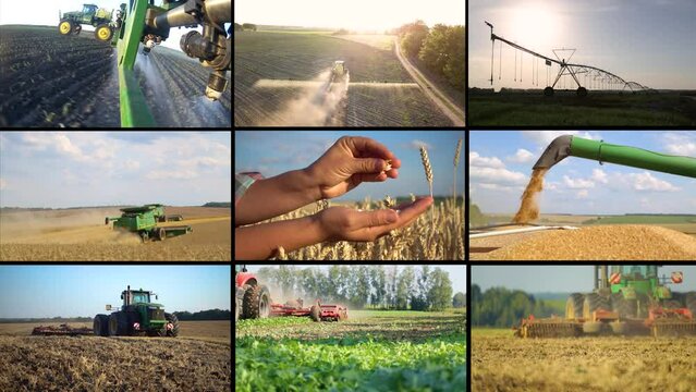 A collage with pictures of various agricultural machinery, tractors, sprinklers, combines. Install a collection of video clips with combines, tractors and sprinklers. Concept of agriculture, farming