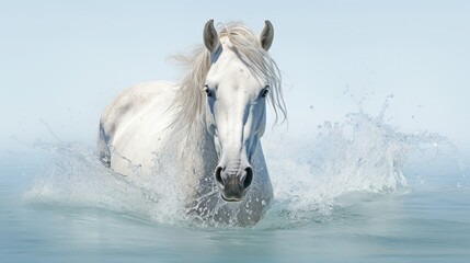 Obraz na płótnie Canvas Captured in perfect clarity, a white horse enjoying a refreshing moment in the water, the pristine white background enhancing the purity and grace of the equine beauty.