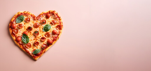 Fototapeta premium Pizza in the shape of a heart on a pink background