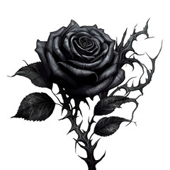 black rose with black thorny branch on transparent background Generative AI - obrazy, fototapety, plakaty