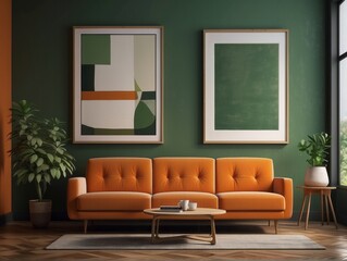 Green sofa and orange chairs against wall with poster frame. Mid-century, vintage