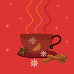 Spicy, warn and healthy winter drink. Flat vector illustration, family culinary. Christmas and new year  background.Mulled wine cup with orange, cinnamon stick and star anise with red background. Warm