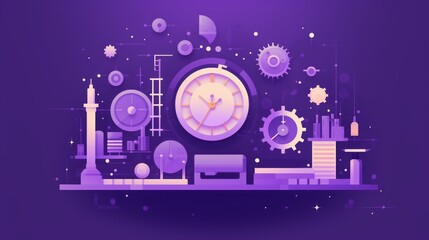 Illustration of iconic images in flat doesidng style of men and women in everyday life moments with objects and situations expressing emotions on a purple background with space for  text 