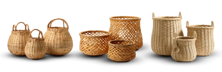 Foto op Canvas Collage of stylish rattan baskets on white background © wiizii