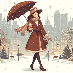 An illustration of a person walking with an umbrella in a snowy city street