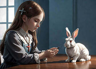a girl with long blond hair in a blue dress and apron sits at a table in the room on the table there is a white rabbit, on the girl’s chest there is a cross on a chain
