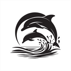 dolphin silhouette: Vibrant Seas, Energetic Dolphins, and Colorful Marine Shadows in Lively Silhouettes - Minimallest fish black vector
