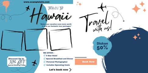Travel sale social media post template. Summer beach holiday promotion flyer with agency logo and icon. Traveling business marketing poster. Travelling web banner with abstract digital background.