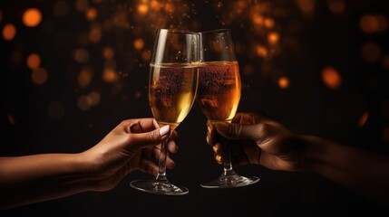 A woman holds a glass of champagne in front of a festive celebration background. 