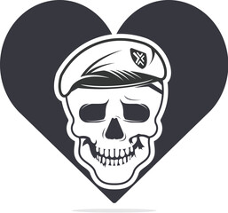 Skull in soldier helmet with heart shape vector logo design.