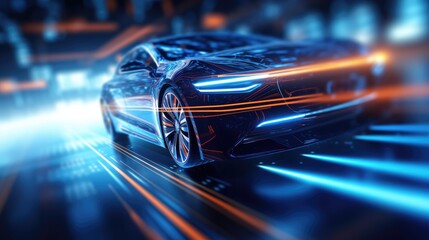 A futuristic car speeds through a tunnel, its sleek body and neon lights creating a sense of motion and excitement. - obrazy, fototapety, plakaty