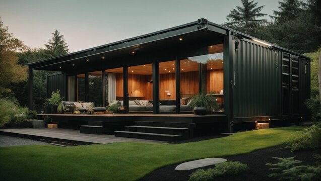 Modern container house with dark metal paneling and green backyard