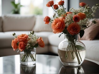 Close up of glass vase with flowers on round coffee table near white sofa. Scandinavian style home interior