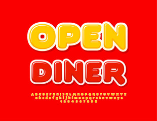 Vector modern sign Open Diner. Trendy Glossy Font. Creative Alphabet Letters and Numbers.
