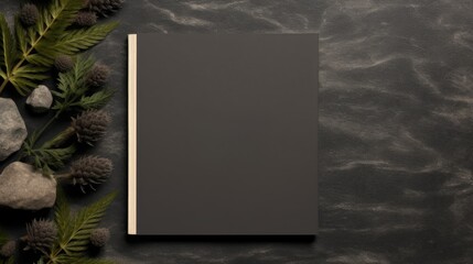 A black diary book sits on a black background.
