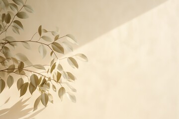 Leaves on the wall , sunlight on a beige wall, sunbeams in a room, sunny day scene, abstract background for product presentation. Spring and summer.