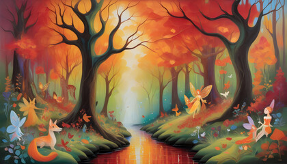 Beautiful forest landscape with autumn trees and butterflies. Generative AI