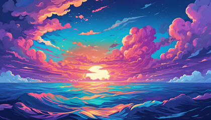 Fototapeta na wymiar Beautiful sunset in the sea. Vector illustration. Generative AI