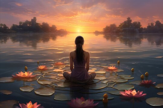 A girl in the lotus position sits on the ocean shore at sunrise surrounded by lotus flowers. Yoga and meditation concept