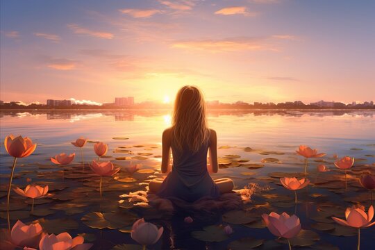 A girl in the lotus position sits on the ocean shore at sunrise surrounded by lotus flowers. Yoga and meditation concept