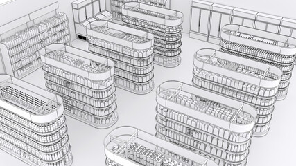 Sales floor, rows of shelving with advertising space and blank products. 3d illustration